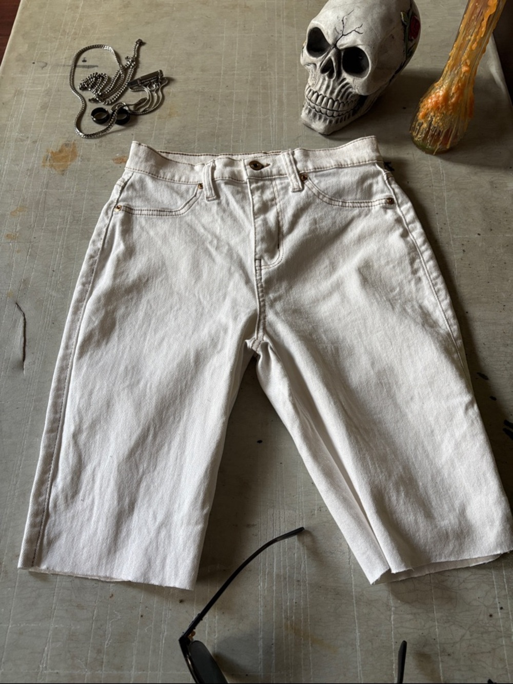 Fashion Nova White Denim Longline Shorts with Contrast Stitching